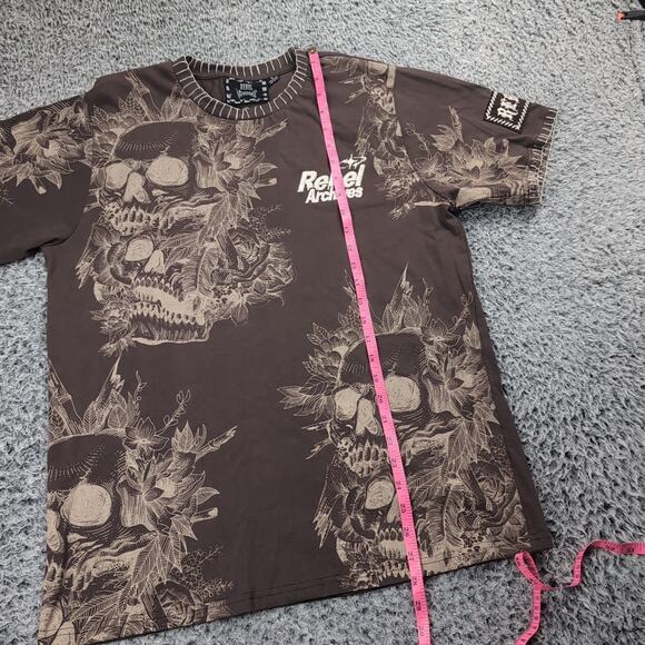 Rebel Vengeance Shirt Adult Large Brown Embroidered Graphic Skull Floral Tee - Picture 4 of 6